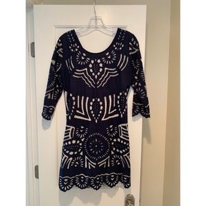 Navy, 3/4 sleeve, shift dress with scallop hem!